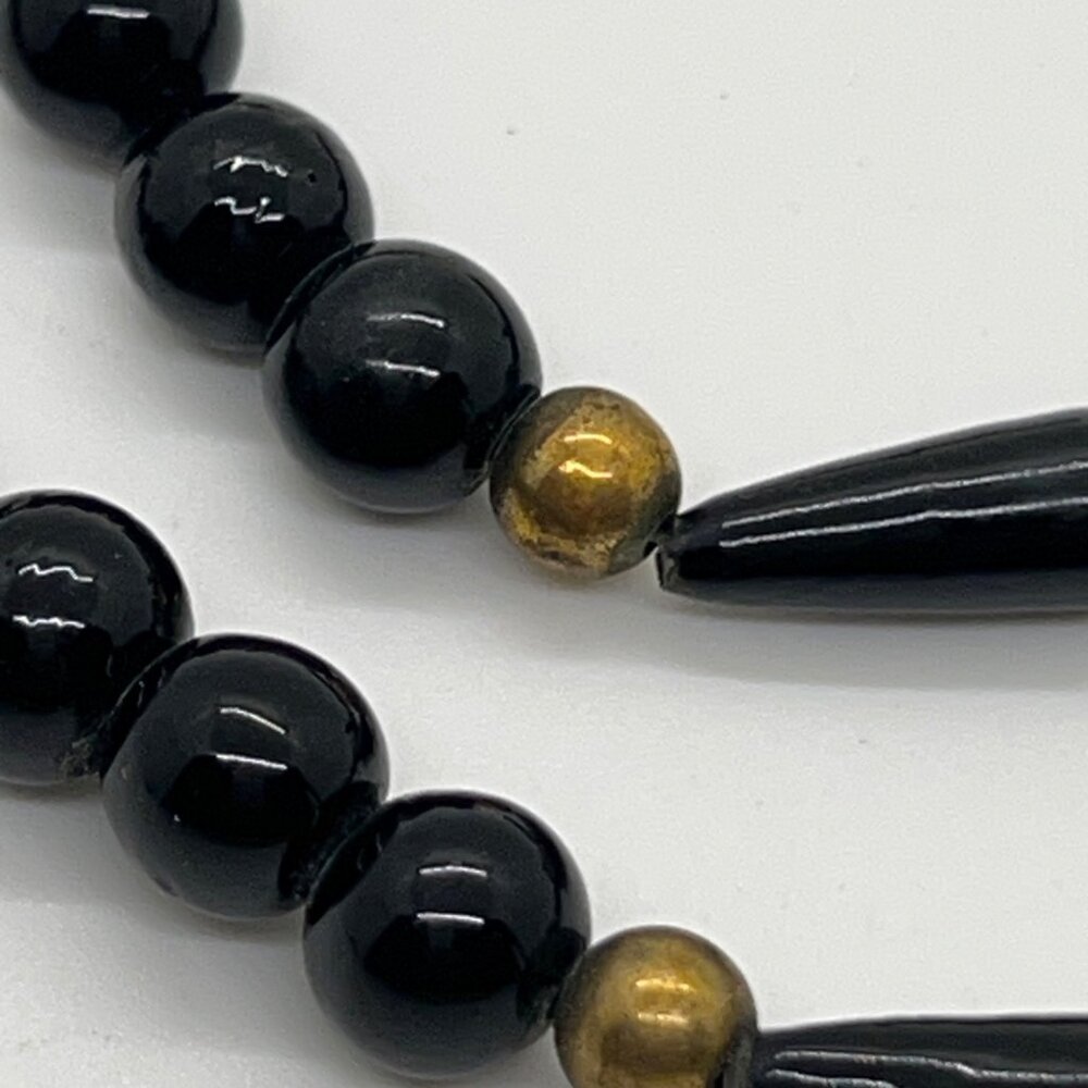 Vintage Glass Beaded Necklace Black Green Brass Accents Statement Long Art Deco - Picture 4 of 16
